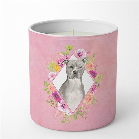 Carolines Treasures Carolines Treasures CK4269CDL 10 oz Blue Pit Bull Terrier Pink Flowers Decorative Soy Candle CK4269CDL